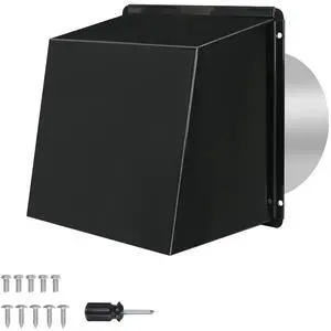 10 Inch Hooded Wall Vent with Screen and Damper, Metal Exhaust Vent Cover Cap, for Exterior Kitchen Range Hood Dryer Ventilation, Outdoor Wall Duct Vent-Cap (Black)