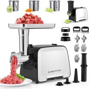 Electric Meat Grinder, 2000W Max Sausage Stuffer Maker, Vegetable Cheese Grater with 3 Shredder Slicer Blades, 2 Blades, 3 Plates, Sausage Tube, 2 Meat Claws, Burger Press & Kubbe Kit