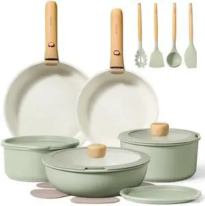 Pots and Pans Set, Nonstick Cookware Set Detachable Handle, 19pcs Induction Kitchen Cookware Sets Non Stick with Removable Handle, RV Cookware Set, Oven Safe, Sage Green