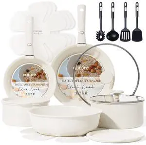 19pcs Pots and Pans Set Non Stick, Cookware Sets, Kitchen Set, Oven/Fridge Safe, Space Saving Pots Set, Nonstick Cooking Set with Versatile Detachable Handle, Induction RV Set, Cream White