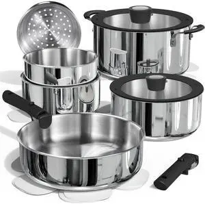 14pcs Stainless Steel Cookware Set with Detachable Handle, Nonstick Pots and Pans Set, Induction Kitchen Cookware Sets with Removable Handle, RV Cookware Set, Oven Safe, Camping Cookware, Black