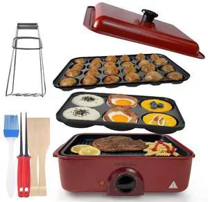3 in 1 Multifunctional Electric Griddle Electric Skillet Nonstick Baking Maker with 3 Interchangeable Pan Takoyaki Maker Cake Pop Maker Pancake Maker Red