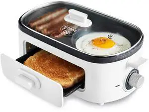 3-in-1 Breakfast Maker Station, Healthy Ceramic Nonstick Dual Griddles for Eggs Meat Sausage Bacon Pancakes and Breakfast Sandwiches, 2 Slice Toast Drawer, Easy-to-use Timer, White