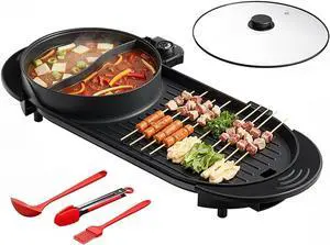 2200W Electric Grill & Hot Pot Combo with Dual Zone Control - 26.6" Large Yin-Yang Nonstick Skillet, Indoor Smokeless BBQ Grill for Family Party, Adjustable Temperature & Easy Clean