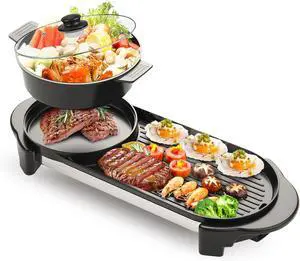 2 in 1 Electric Smokeless Hot Pot with Grill, 2200W Removable Hotpot Pot, Korean BBQ and Shabu Indoor Combo,Non-Stick Skillet Pan, Dual Adjustable Temperature, 1-6 People