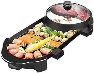 Hot Pot with Grill, Korean BBQ Grill Indoor Hotpot Pot Electric Combo, Shabu Shabu Pot with Divider KBBQ Grill Smokeless Non-stick Separate Dual Temperature Control, for 2-12 People, 110V