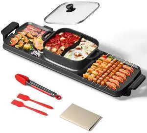 Smokeless Electric Hot Pot & Grill Combo, Large 9.5"x29" Non-Stick Design, 3 Adjustable Heat Levels, Easy to CleanIncludes Brushes, Tongs & Paper