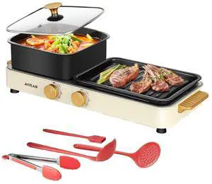 2-in-1 Indoor Electric Grill & Hot Pot Combo, 1400W Dual-Zone Smokeless Cooker Cooker, Includes 4-Piece BBQ Accessories Set, Non-Stick & Easy Clean, Compact 21.8x7x10.6 for Home, Dorms
