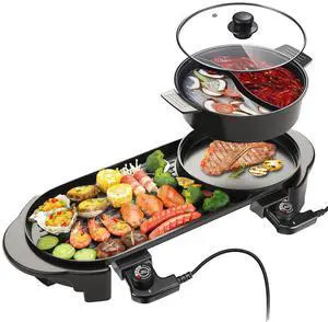 Electric Hot Pot with Grill Indoor Korean BBQ Grill Shabu-shabu Hotpot, Removable Hotpot Pot W/Large Capacity Baking Tray, Smokeless Non-Stick, 5-Gear Adjustable Temperature, 1-6 People 110V