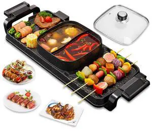 2 in 1 Electric Hot Pot with Grill, 2800W Indoor Smokeless Korean BBQ Grill Shabu Shabu Pot, Removable Non-stick Hotpot Pot Combo KBBQ with Divider & Separate Dual Temperature Control for 2-12 People