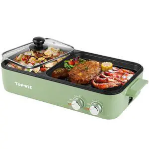 Hot Pot Electric with Grill, 2 in 1 Indoor Non-Stick Electric Pot and Griddle for Korean BBQ, Steaks, Shabu Shabu and Noodles, Independent Dual Temperature Control, Fast Heating, Green