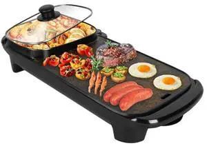 Electric Hot Pot with Grill, 2 IN 1 Hot Pot with BBQ Grill Cooker Smokeless Non-Stick Korean BBQ Grill Shabu Hot Pot with Independent Temperature Control Firepower For 10 People Party Camping