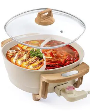 Hot Pot Electric Hot Pot with Divider, Large 6L Nonstick Dual-Sided Shabu Shabu Pot Dual-Flavor hotpot electric 1500W with Adjustable 5-Temperature Control Perfect for Family Dinners & Parties
