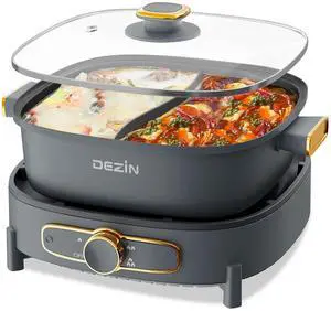 Hot Pot Electric with Divider, 5.5L Double-Flavor Electric Shabu Shabu Pot, Removable Non-Stick Dual Sided Electric Cooker, 3" Depth Divided Pot with Multi-Power Control, 2 Silicone Ladles