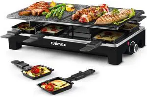 Raclette Table Grill,  Indoor Grill Electric Grill, Portable Korean BBQ Grill with 2 in 1 Reversible Non-stick Plate & Natural Grill Stone, 8 Raclette Pans 8 Wooden Spatulas for Family Fun