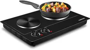 Hot Plate, 1800W Electric Burner Double Hot Plate for Cooking Countertop Burner with Adjustable Temperature Control, Portable Electric Cast Iron Hot Plates Cooktop, Easy to Clean, Black