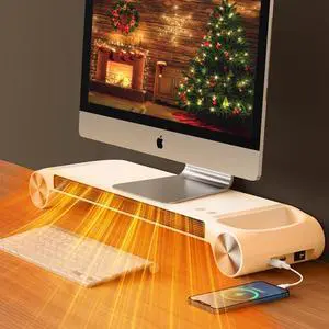 Desk Heater for Office 330W - 2 in 1 Monitor Stand Desk Heater with Timer 2 Heat Levels USB Ports - Quiet Keyboard Office Hand Warmer - White