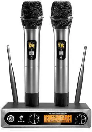 Wireless Microphones, Metal Dual Professional UHF Cordless Dynamic Mic Handheld Microphone System for Home Karaoke, Meeting, Party, Church, DJ, Wedding, Home KTV Set, 200ft, TW-820 Silver