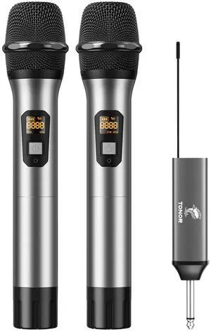Wireless Microphones, UHF Dual Cordless Metal Dynamic Mic System with Rechargeable Receiver, for Karaoke Singing, Wedding, DJ, Party, Speech, Church, Class Use, 200ft TW630 Silver