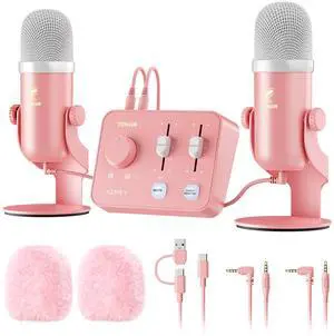 ASMR Microphone Equipment Bundle With Audio Interface, Immersive 3D Stereo, Dual Condenser Mics With Mixer, Clear Sound, Volume Control, Furry Windscreens, Set for ASMR, Pink