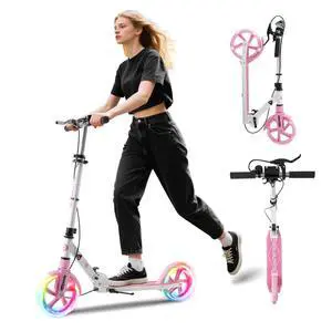 Kick Scooter Teens & Adults, with Front handbrake and Rear Brake, and Adjustable Handlebars, Big Sturdy PU Flash Wheels Great Gift & Toy