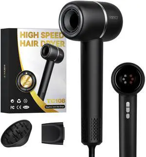 Fast Drying High Speed Hair Dryer,Negative Ionic Care Blow Dryer,Less Heat Damage Blow Dryer with Brushless Motor,Thermo-Control Low Noise with Magnetic Nozzle & Diffuser, Black