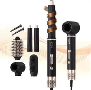 5 in 1 Hair Styler Hair Dryer Brush - High-Speed Hot Air Styler with Auto Wrap, Fast Drying, No Heat Damage & Ionic Blow Dryer Brush for Volumize, Curl, Straighten, Frizz-Free, Black Gold