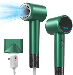 Professional Hair Dryer - 150000 RPM High-Speed, Negative Ionic for Fast Drying and Hair Care. Low Noise, 4 Temps/2 Speeds, Lightweight with Magnetic Nozzle. (Green)
