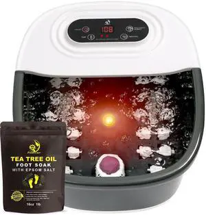 Foot Spa Bath Massager with Heat Bubbles and Vibration Massage and Jets, 16 OZ Tea Tree Oil Foot Soak Epsom Salt, Foot Soaker with Red Light, 22 Massage Rollers, Adjustable Temp -Black