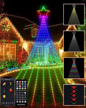 Outdoor Christmas Decorations Lights with Star, Smart DIY Custom Display 11.8Ft 64 Modes Yard Waterfall Tree String Lights, App Control 344LED RGB Color Changing Music Timer for Xmas Tree Lawn Decor