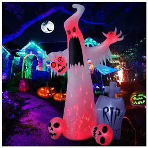 12 FT Halloween Inflatables Outdoor Halloween Blow Up Yard Decorations Horror White Ghost with 3 Skull Heads Bleeding Eyeball Tombstone Halloween Decorations Clearance for Party Yard Garden