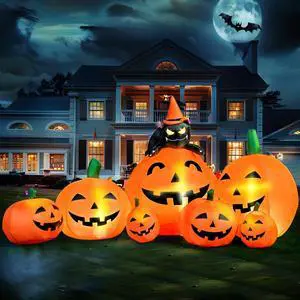 7 FT Long Halloween Inflatables Pumpkin Outdoor Decorations, 7 Pumpkins Outside Decoration with Witch's Cat with Build-in LEDs Blow Up Inflatables for Party Yard Lawn Garden Decor