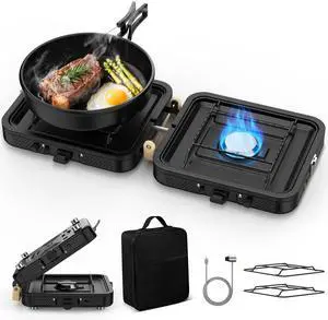 Camp Stove Propane, 2 Burner Folding Propane Camping Stove with Carrying Bag, Adjustable High Heat Burners & Piezo Push-Button Instant Ignition, Outdoor Tailgating, Backyard BBQ Camping Essentials