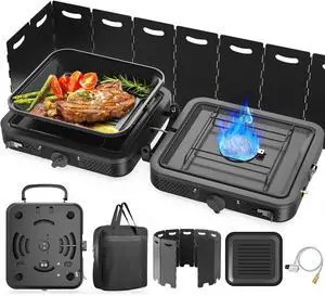 2 Burner Portable Camping Stove Propane, Folding Propane Stove for Camping, Camp Stove with 17,000 BTU,Two Adjustable Burners Gas Camping Stove with Carrying Bag for Outdoor Cooking,BBQ