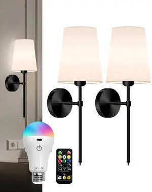 FCPVHOY Battery Operated Wall Sconce Set of 2, Dimmable Detachable Wall Lamp with Remote, 3 Color Temperatures and RGB Wireless Rechargeable Wall Light For Bedroom and Living Room (Black)