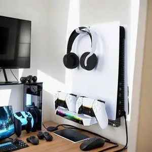 Wall Mount Kit with Charging Station RGB Light Wall Bracket W/ Headset Holder Wall Stand for PS5 Slim/PS5 Console Disc &