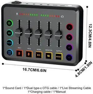 Live Sound Card Gaming Audio Mixer with XLR Microphone Interface Streaming RGB PC Mixer Volume Fader Mute Button for Podcasting