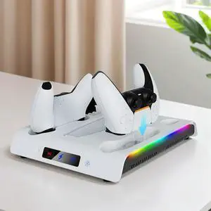 For PS 5 Slim/PS 5 Pro Stand Charging Station Dock 3 Levels Cooling Fan Base Holder with Controller Charging RGB Lights for PS 5