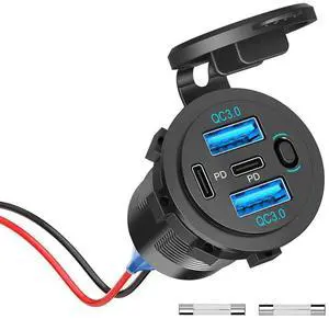 USB C PD Socket 12V Car Charger - Waterproof Installation Box With Switch Panel For Motorhome,Truck,Motorcycle,Boat