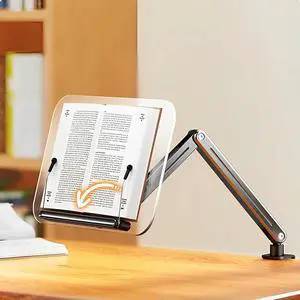 Acrylic Book Stand Adjustable Height Desk Clamp Book Stand 360° Rotating Portable Book Holder for Recipe Sheet Music Tablet