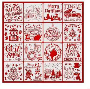 16 Pcs Christmas PET Painting Stencils Reusable Hollow Out Christmas Drawing Templates for DIY Art Drawing Painting
