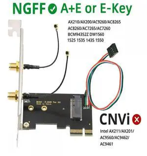 JoniSerl Wireless Network Card Adapter NGFF A/E-Key Card to M.2 NGFF Key-M NVME SSD Adapter for AX200 6 Bluetooth 5.1