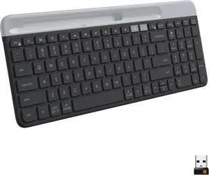Multi-Device Slim Wireless Keyboard, Built-in Cradle for Device; for Laptop, Tablet, Desktop, Smartphone - Graphite