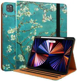 for iPad Air 5th Generation Case 2022/ 4th Generation 2020 10.9 Inch with Pencil Holder, Folio Stand Leather Cover with Multiple Angles & Auto Sleep/Wake for iPad Air 5/4 Case, Almond Blossoms
