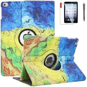for iPad 9.7 inch 2018 2017 Air1 Case with Screen Protector and Stylus - 5th 6th Generation Case - 360 Degree Rotating Stand, Auto Sleep Wake, Shockproof - A1822 A1823 A1474 A1475 (Crows)