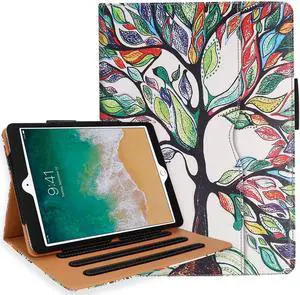 for iPad 5th 6th Generation Case with Hand Strap and Document Pocket - for iPad 9.7 inch 2018 2017 Cover - Multi-Angle Stand, Auto Sleep Wake, Shockproof - A1822 A1823 MR7F2LL/A MR7F2LL/A(Love Tree)