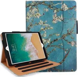 For iPad 5th 6th Generation Case with Hand Strap and Document Pocket - for iPad 9.7 inch 2018 2017 Cover - Multi-Angle Stand, Auto Sleep Wake, Shockproof - A1822 A1823 MR7F2LL/A MR7F2LL/A(Pear Flower)