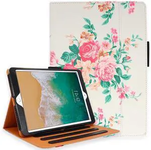 for iPad 9th Generation Case 10.2 Inch 2021 Case - Multi-Angle Viewing Stand Cover with Hand Strap & Pocket & Pencil Holder, Auto Wake Sleep for iPad 10.2" 2021 Released (Pink Flower)
