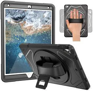 NEWQIANG iPad 9.7 2018 2017 Heavy Duty Full-Body Rugged Protective Case - iPad 2018 6th / 2017 5th Generation Case - Hand Strap,Shoulder Strap, Hardback, 360 Rotatable Kickstand, Shockproof (Black)