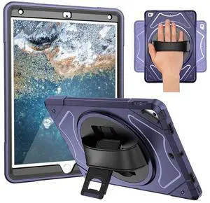 iPad 9.7 2018 2017 (6th / 5th Generation) with Screen Protector and Stylus - Heavy Duty Three Layer Full-Body Rugged Shockproof Protective with Hand Strap, 360 Rotatable Kickstand Navy Blue